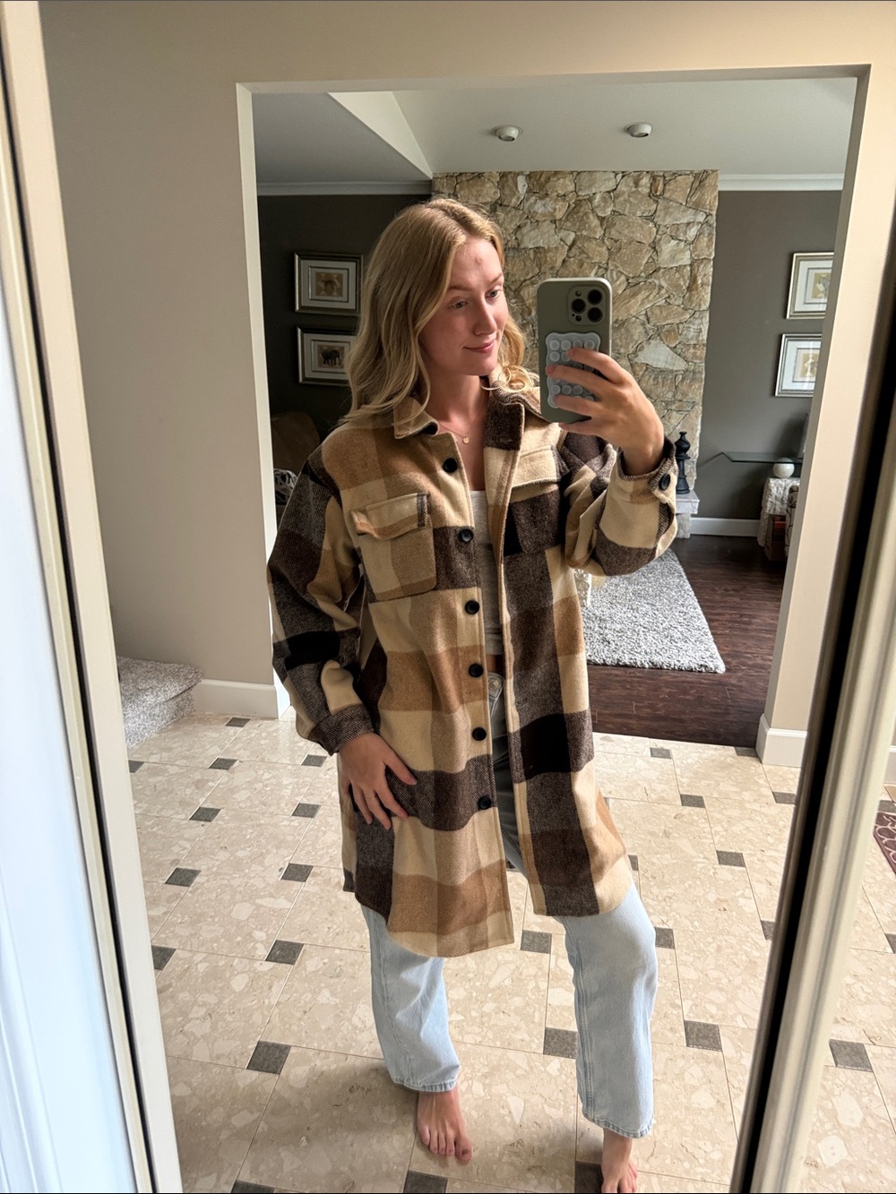 Oversized Checked Shacket Jacket in Beige and Brown